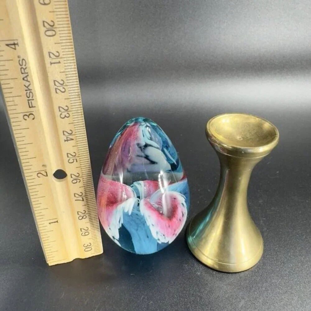 Vintage 1995‎ GES Glass Eye Studio Egg Shape Paperweight On Brass Stand Figure